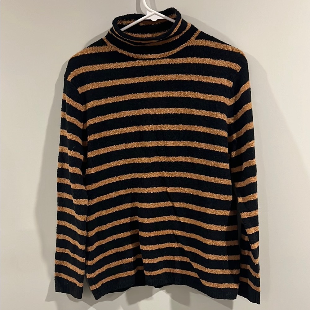J. Crew Black and Tan Turtleneck Sweater Classic Striped Knit, Size S (NWT)